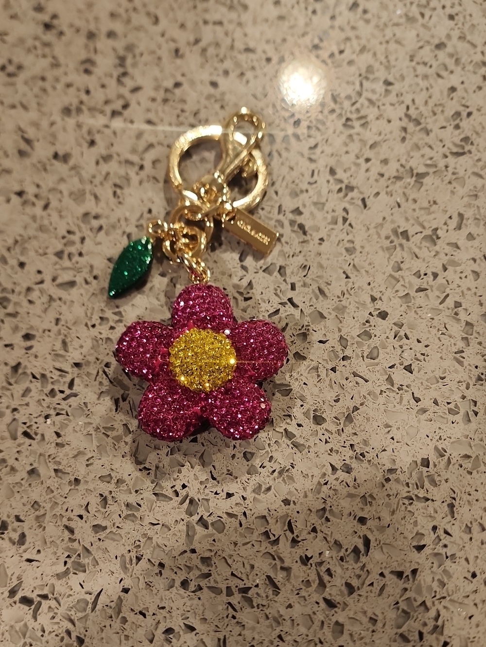 Not For SalGold-Tone Pink Flower Charm Keyring with Yellow Center and Green Leaf